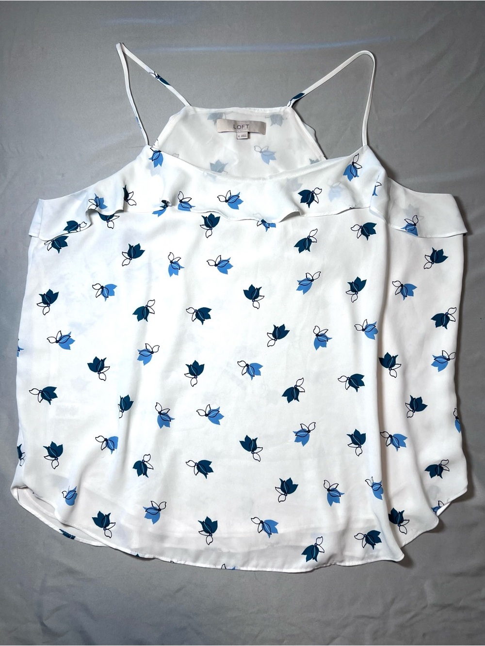 LOFT White Floral Ruffle Spaghetti Strap Tank